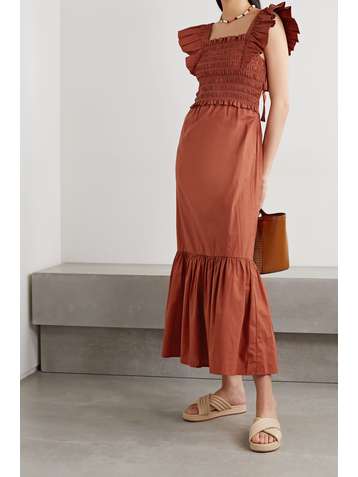 SEA Gladys cutout ruffled shirred cotton maxi dress
