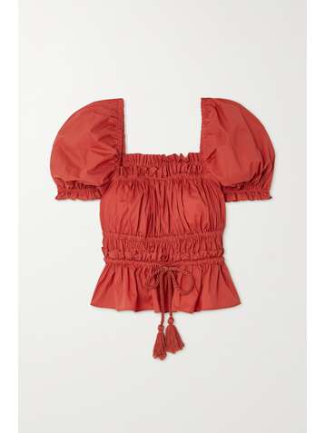 ULLA JOHNSON Evita tasseled shirred cotton-poplin blouse