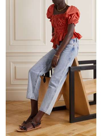 ULLA JOHNSON Evita tasseled shirred cotton-poplin blouse