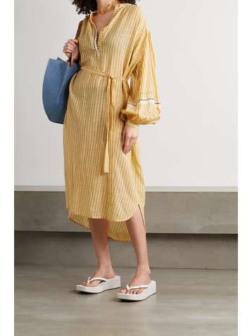 ULLA JOHNSON Rabea belted striped cotton midi dress