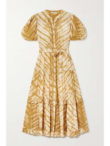ULLA JOHNSON Magdalena belted tiered tie-dyed cotton midi dress