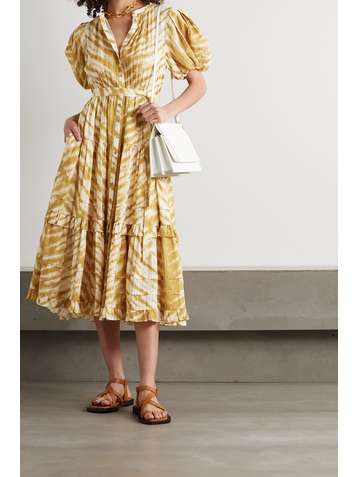ULLA JOHNSON Magdalena belted tiered tie-dyed cotton midi dress