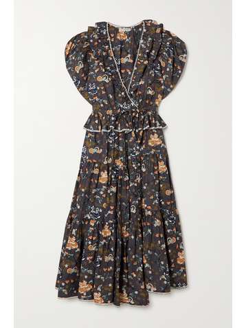 ULLA JOHNSON Olga ruffled asymmetric floral-print cotton-poplin midi dress