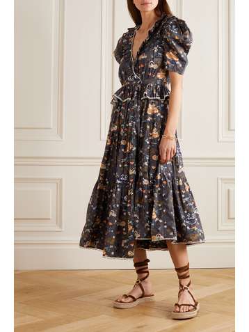 ULLA JOHNSON Olga ruffled asymmetric floral-print cotton-poplin midi dress