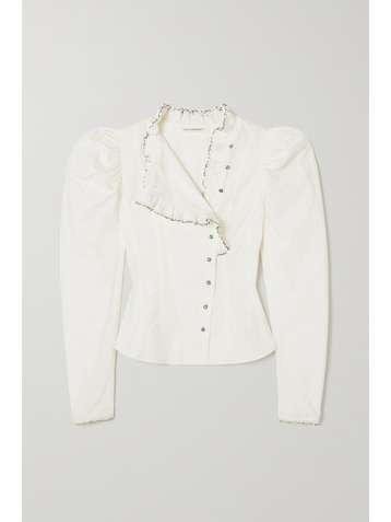 ULLA JOHNSON Lamont bead-embellished embroidered cotton-poplin blouse