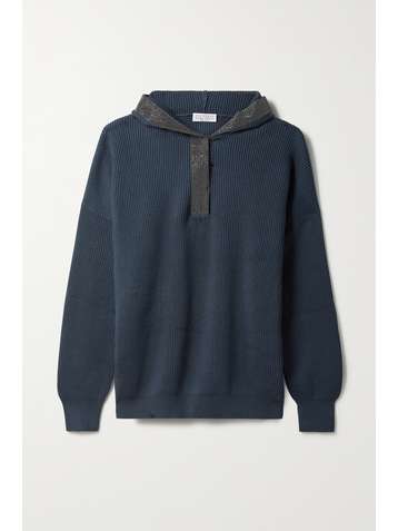 BRUNELLO CUCINELLI Bead-embellished ribbed cotton hoodie