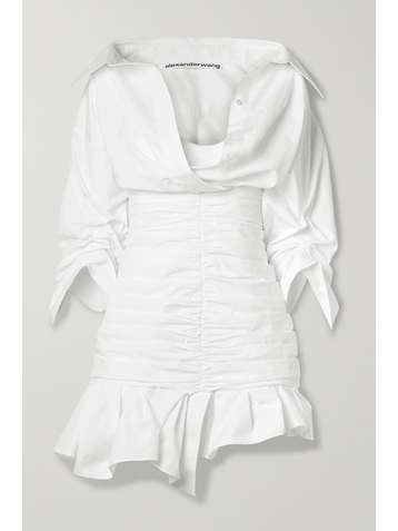 ALEXANDER WANG Asymmetric ruched cotton-poplin mini shirt dress