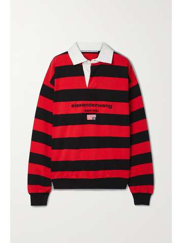 ALEXANDER WANG Twill-trimmed embroidered striped cotton-jersey top