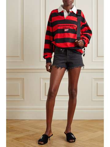 ALEXANDER WANG Twill-trimmed embroidered striped cotton-jersey top