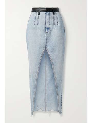 ALEXANDER WANG Leather-trimmed distressed denim maxi skirt