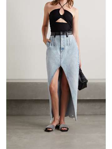 ALEXANDER WANG Leather-trimmed distressed denim maxi skirt