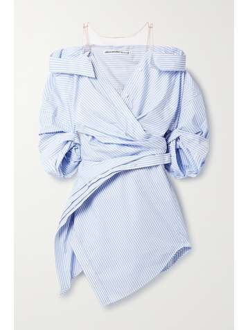 ALEXANDER WANG Cold-shoulder mesh-trimmed striped cotton-blend poplin mini shirt dress