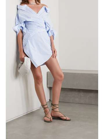 ALEXANDER WANG Cold-shoulder mesh-trimmed striped cotton-blend poplin mini shirt dress