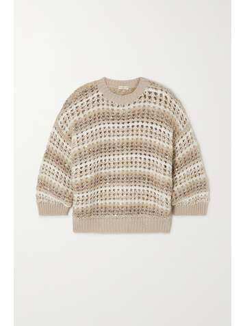 BRUNELLO CUCINELLI Sequin-embellished striped open-knit cashmere sweater