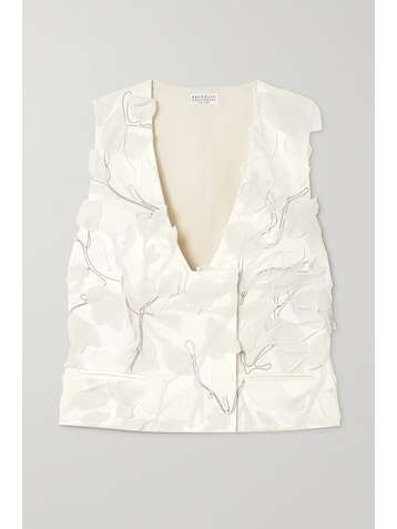 BRUNELLO CUCINELLI Cropped bead-embellished appliquéd crepe top