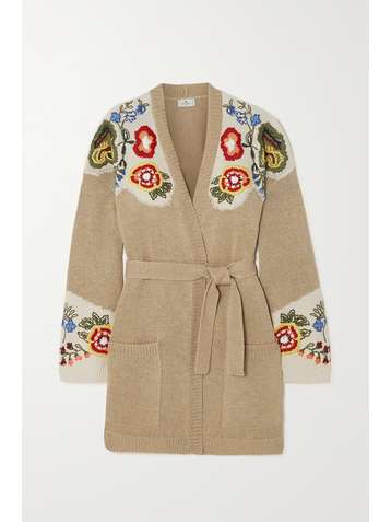 ETRO Belted embroidered silk, linen and cotton-blend cardigan