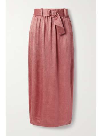 LAPOINTE Belted smocked satin midi skirt
