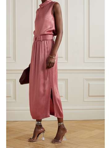 LAPOINTE Belted smocked satin midi skirt