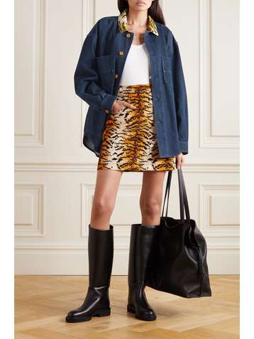 PHILOSOPHY DI LORENZO SERAFINI Tiger-print velvet-trimmed denim jacket