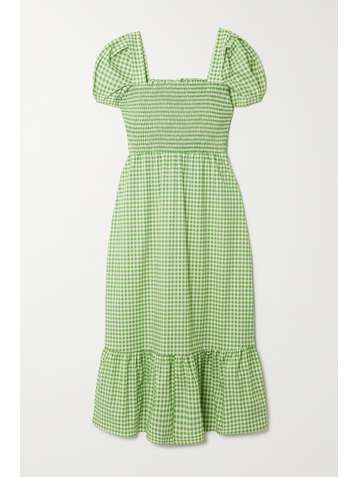 HVN Maxikleid aus Popeline aus einer Baumwollmischung mit Gingham-Karo und Raffungen