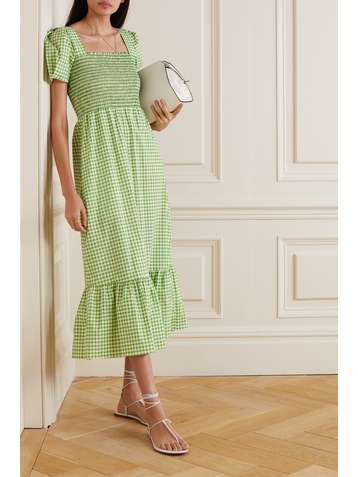 HVN Maxikleid aus Popeline aus einer Baumwollmischung mit Gingham-Karo und Raffungen