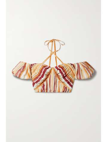 CULT GAIA Gail off-the-shoulder cropped striped modal and silk-blend halterneck top
