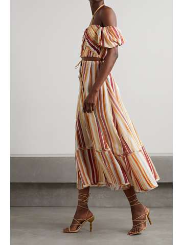 CULT GAIA Gail off-the-shoulder cropped striped modal and silk-blend halterneck top