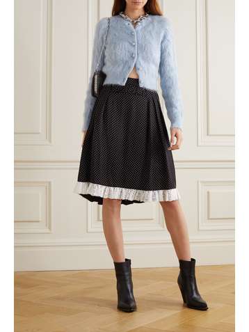 PACO RABANNE Pleated lace-trimmed polka-dot crepe skirt