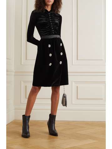 PACO RABANNE Crystal-embellished satin-trimmed velvet skirt