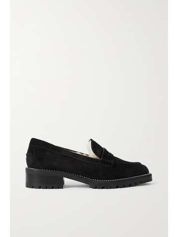 JIMMY CHOO Deanna crystal-embellished shearling-lined suede loafers