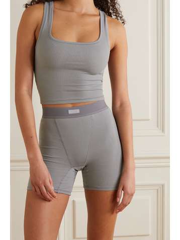 SKIMS Cotton Collection cropped ribbed cotton-blend jersey tank - Pacific