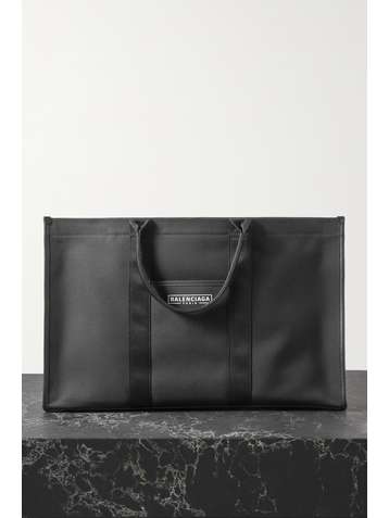 BALENCIAGA Neo Navy large leather-trimmed printed organic cotton-canvas tote