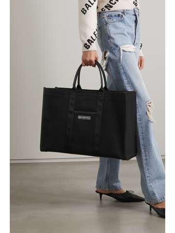 BALENCIAGA Neo Navy large leather-trimmed printed organic cotton-canvas tote