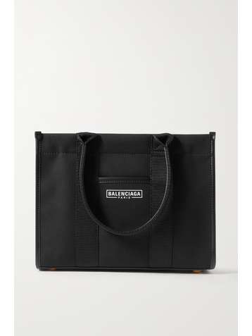 BALENCIAGA Neo Navy small leather-trimmed printed organic cotton-canvas tote