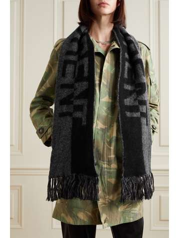 SAINT LAURENT Fringed two-tone jacquard-knit wool-blend scarf