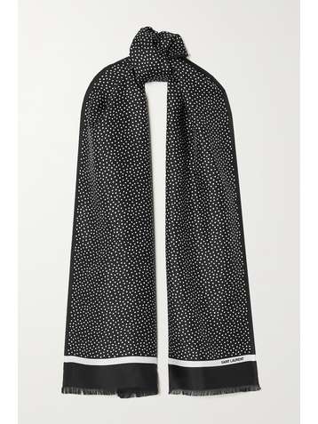 SAINT LAURENT Fringed polka-dot silk-twill scarf