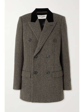 SAINT LAURENT Doppelreihiger Blazer aus Wolle mit Fischgratmuster und Samtbesatz