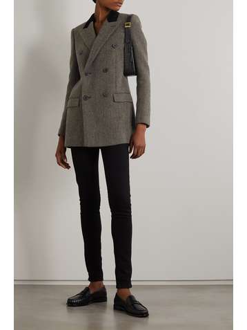 SAINT LAURENT Doppelreihiger Blazer aus Wolle mit Fischgratmuster und Samtbesatz