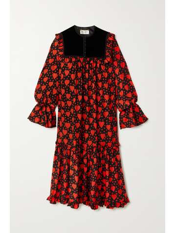 SAINT LAURENT Velvet-trimmed ruffled printed fil coupé silk dress