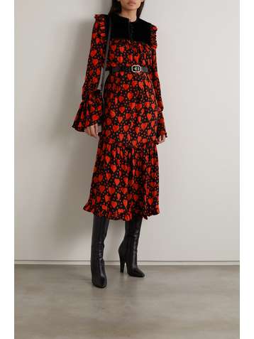 SAINT LAURENT Velvet-trimmed ruffled printed fil coupé silk dress