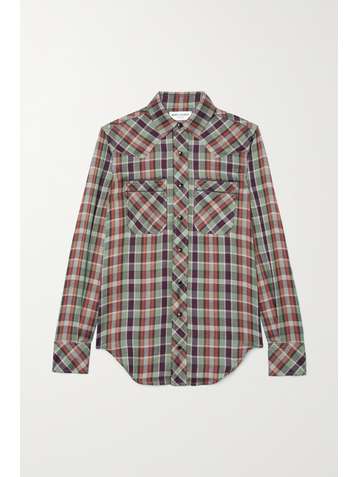 SAINT LAURENT Leather-trimmed checked twill shirt