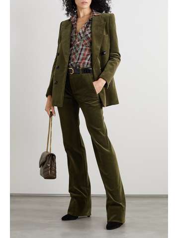 SAINT LAURENT Leather-trimmed checked twill shirt
