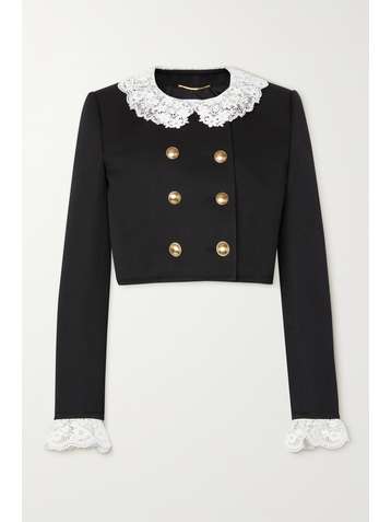 SAINT LAURENT Verkürzte doppelreihige Jacke aus Wolldrillich mit Spitzenbesätzen