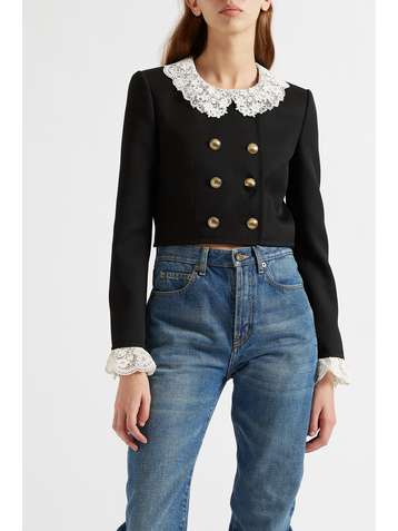 SAINT LAURENT Verkürzte doppelreihige Jacke aus Wolldrillich mit Spitzenbesätzen