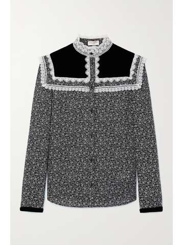 SAINT LAURENT Bluse aus Woll-Twill mit Blumenprint und Besätzen aus Spitze und Samt
