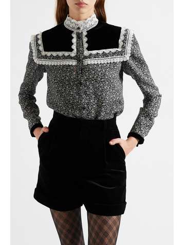 SAINT LAURENT Bluse aus Woll-Twill mit Blumenprint und Besätzen aus Spitze und Samt