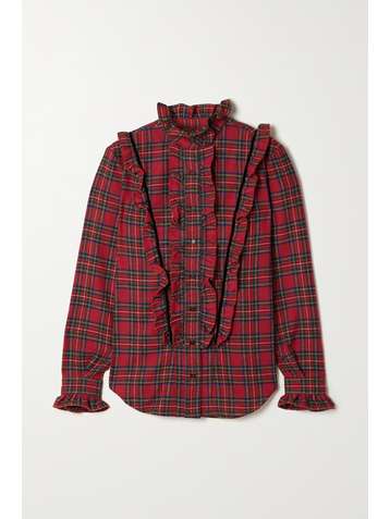 SAINT LAURENT Hemd aus einer Wollmischung mit Tartan-Muster, Rüschen und Samtbesatz