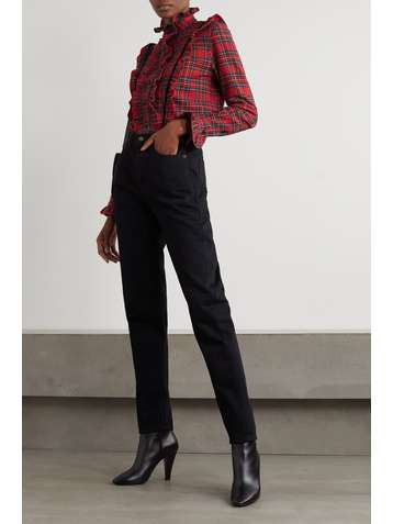 SAINT LAURENT Hemd aus einer Wollmischung mit Tartan-Muster, Rüschen und Samtbesatz