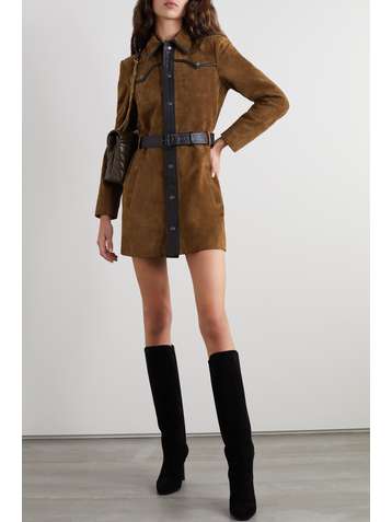 SAINT LAURENT Mini-robe en daim à finitions en cuir et à ceinture