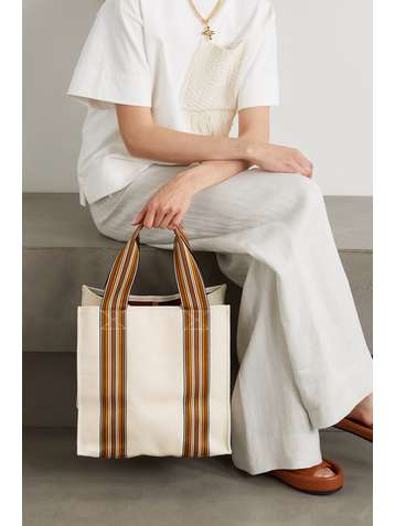 LORO PIANA Suitcase mittelgroße Tote aus Canvas mit Streifen und Lederbesätzen